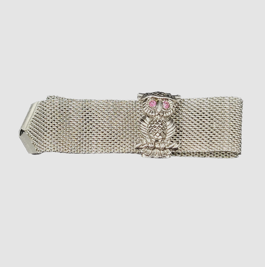 Vintage Sarah Coventry NOCTURNE Silvertone Mesh Owl Bracelet 1972