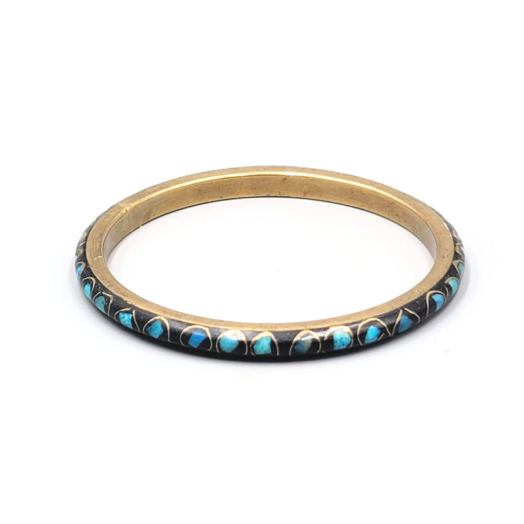 Vintage Black Blue Inlay Brass Bangle Bracelet Ethnic 8.25"
