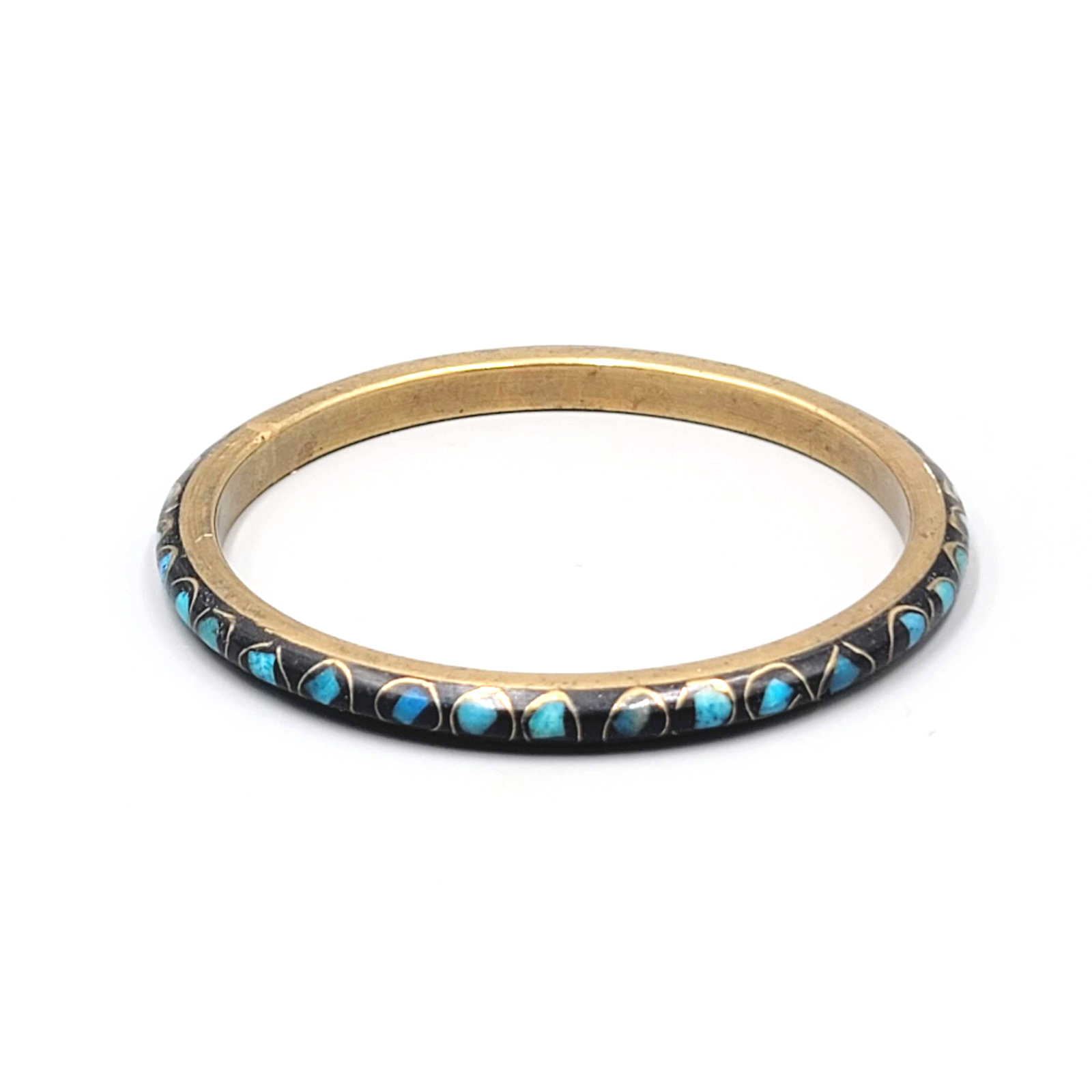 Vintage Black Blue Inlay Brass Bangle Bracelet Ethnic 8.25"