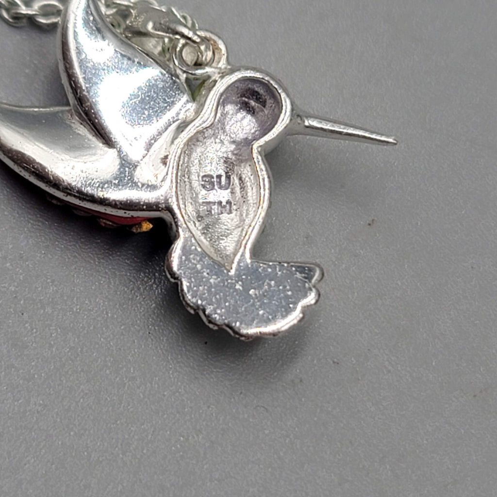 Hummingbird Necklace Silver tone Multicolor Rhinestone Bird 18"