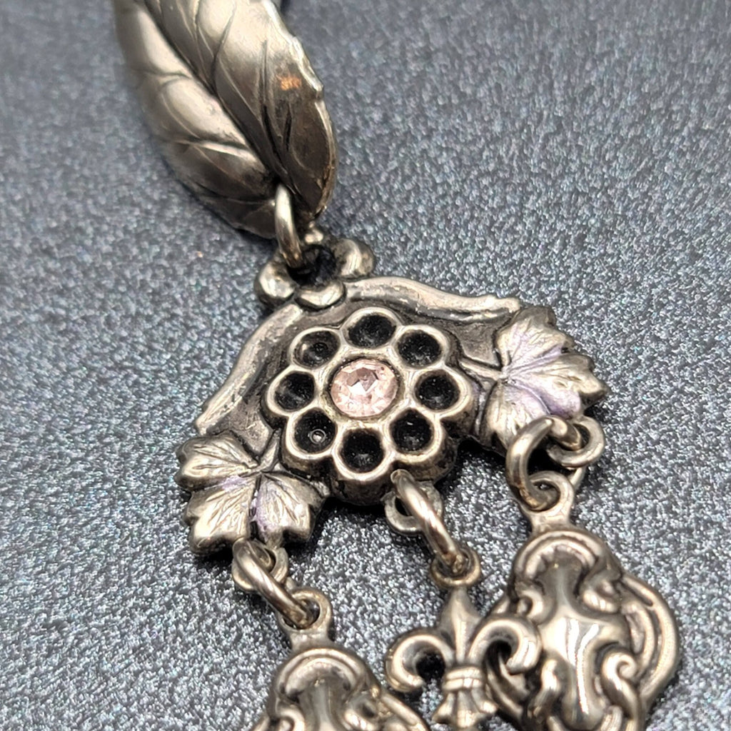 Vintage Pierced Earrings Silver tone Fruit Flowers Leaves Rhinestone 3"