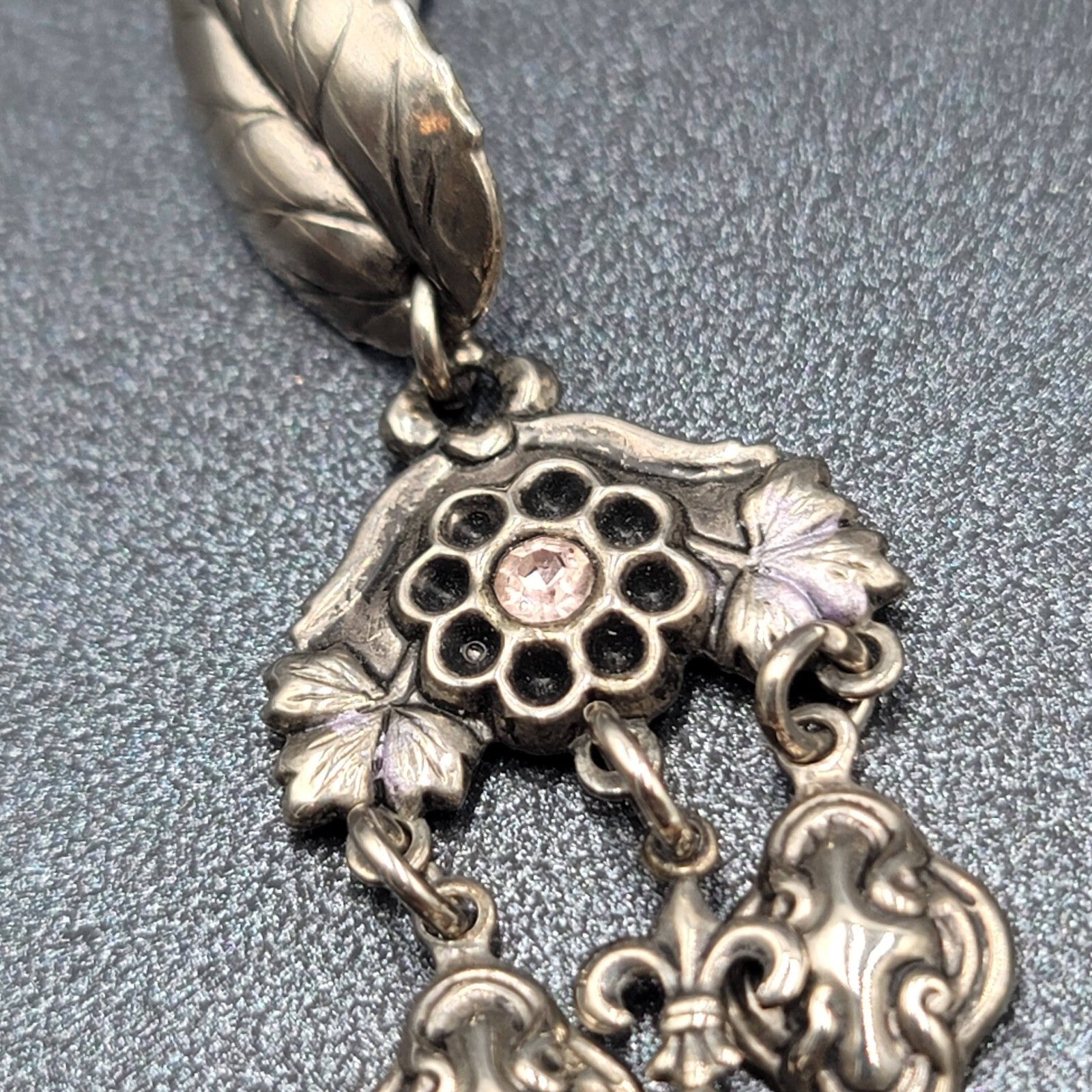 Vintage Pierced Earrings Silver tone Fruit Flowers Leaves Rhinestone 3"
