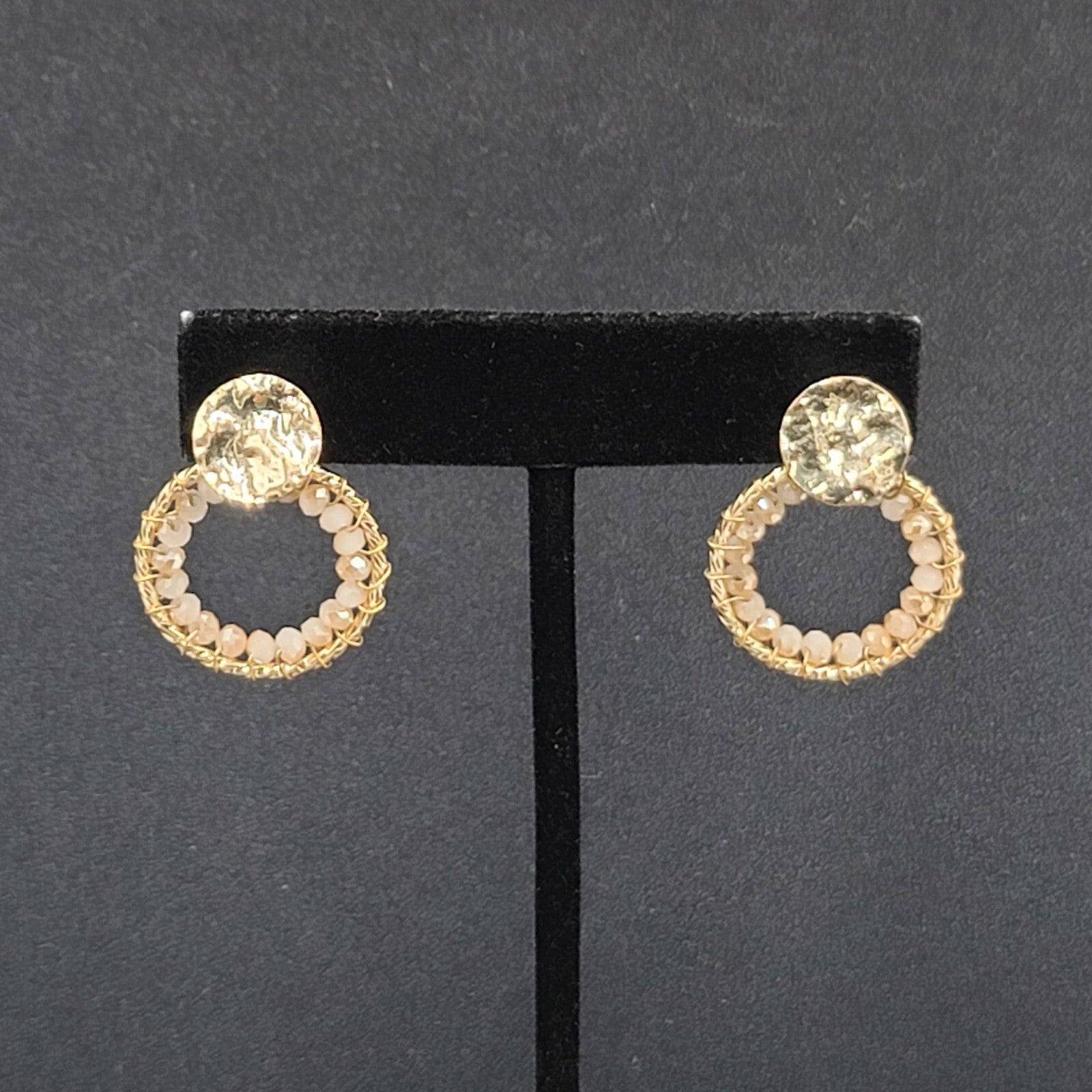 Pierced Earrings Gold tone Quartz Bead Hoops Drop 1"