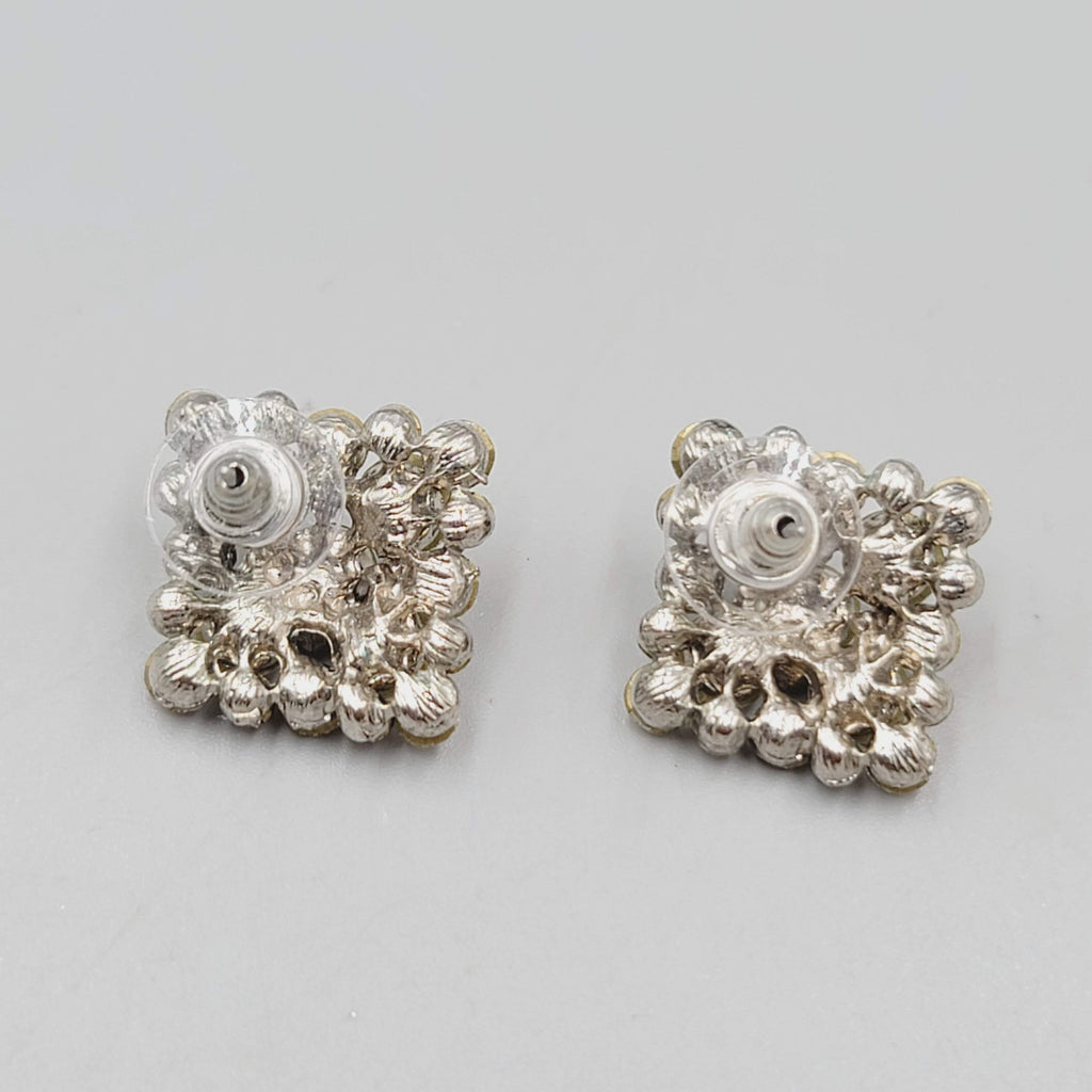 Rhinestone Pierced Earrings Silver tone Square Drop 7/8"