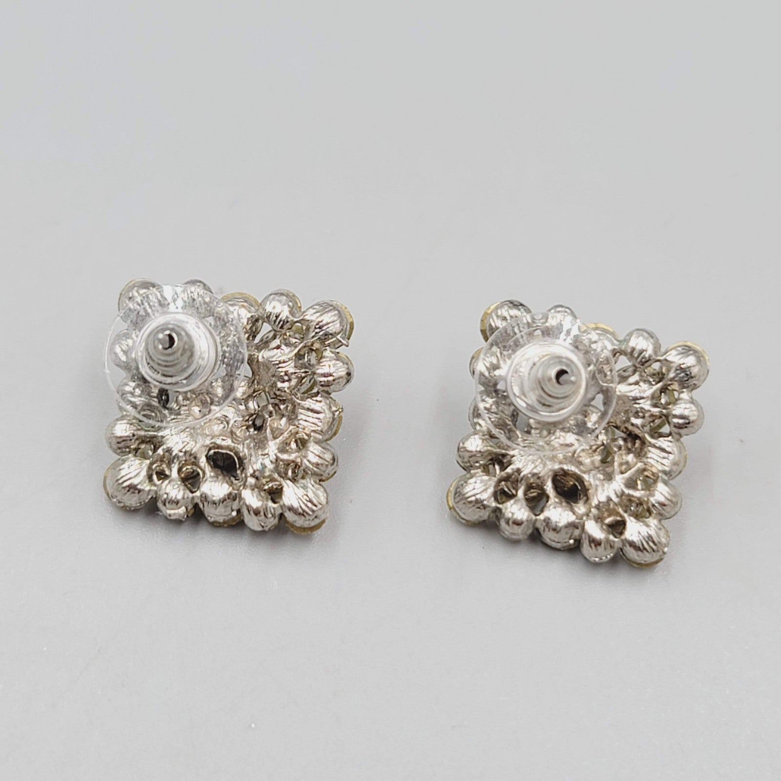 Rhinestone Pierced Earrings Silver tone Square Drop 7/8"