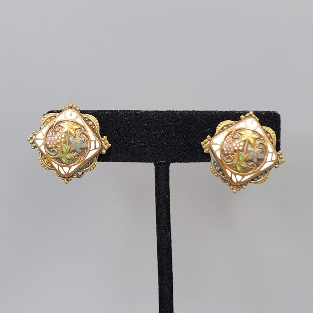 Antique Vintage Flower Enamel Clip on Earrings Brass Gold tone Square 7/8"