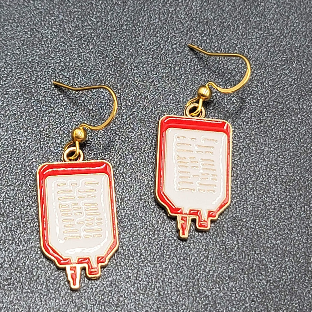 Nurse Pierced Earrings Medical IV Bag Red White Enamel Gold tone Dangle 1"