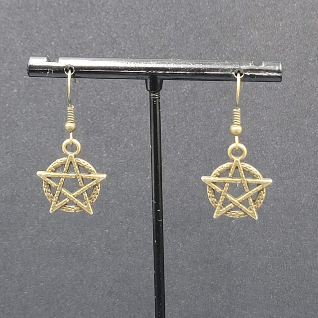 New Pentagram Circle Pierced Earrings Bronze tone Dangle 3/4"