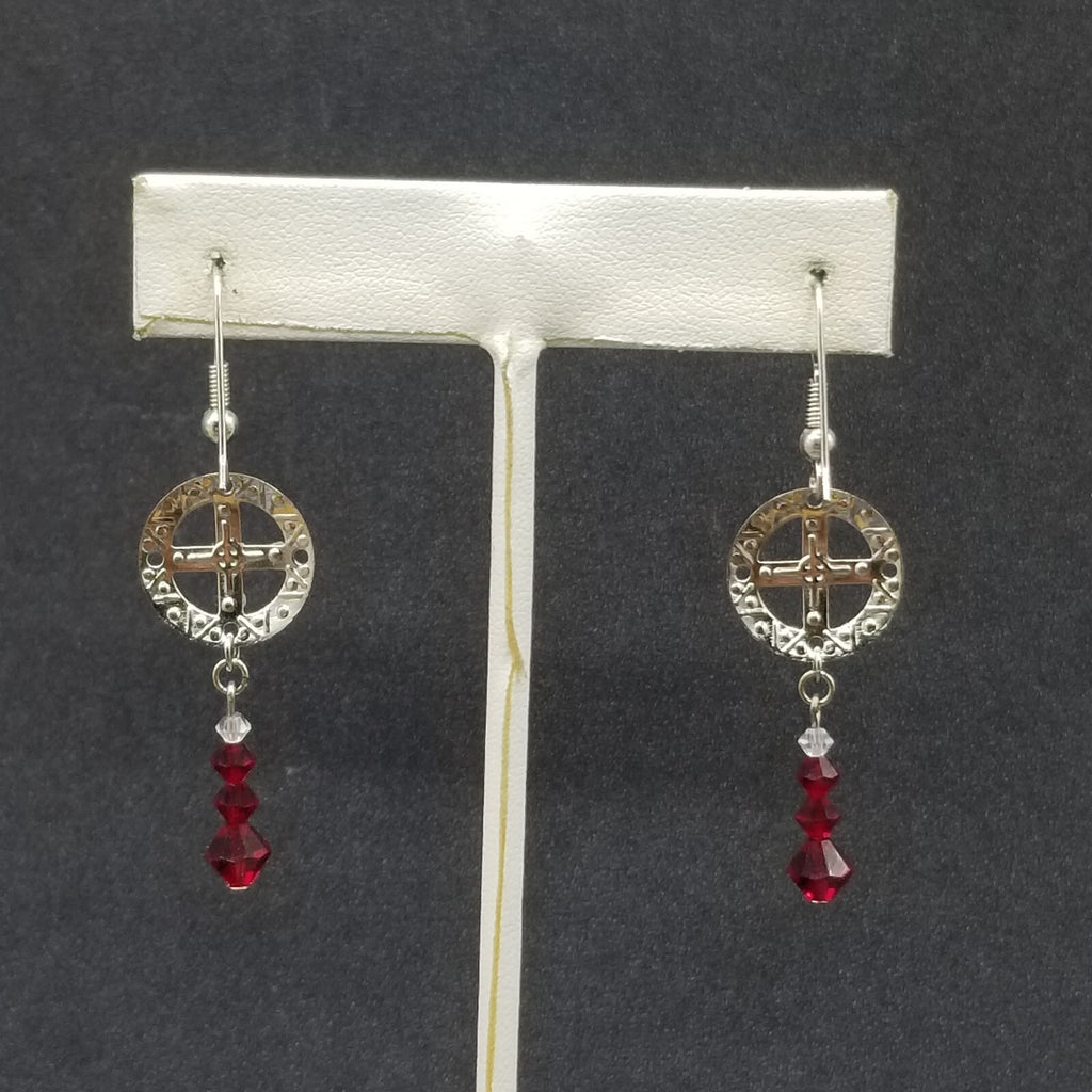 Pierced Earrings Silver tone Open Work Red Crystal Bead Statement Dangle 1 1/2"