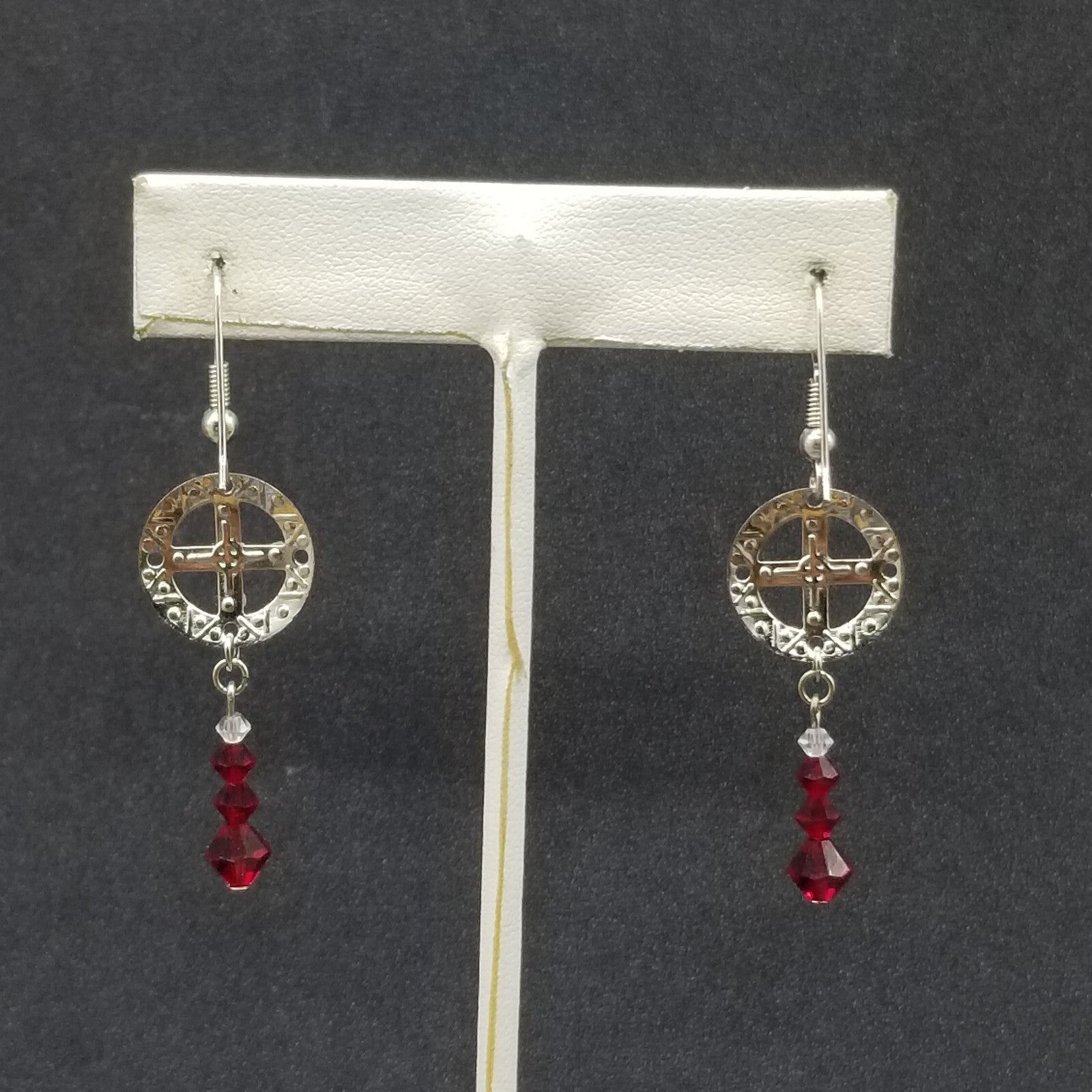 Pierced Earrings Silver tone Open Work Red Crystal Bead Statement Dangle 1 1/2"