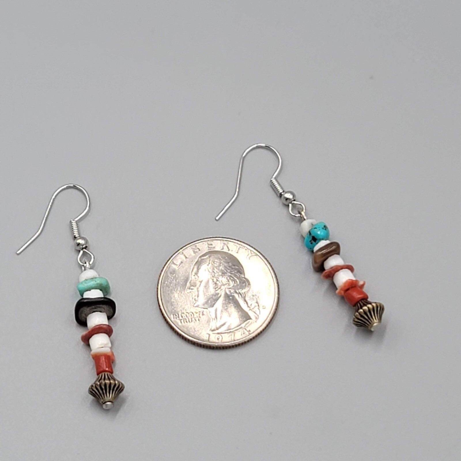 Pierced Earrings Multi Stone Boho Dangle Silver tone 1.25"