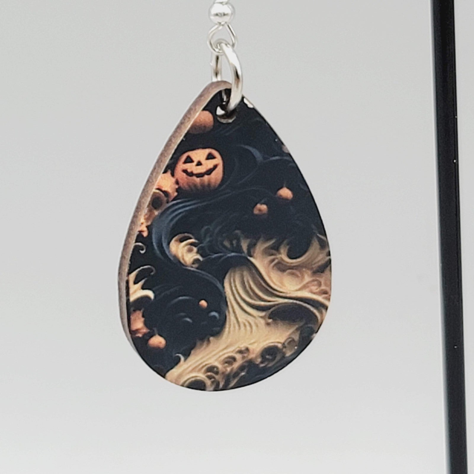 Halloween Pierced Earrings Wood Teardrop Dangle Two Sided 1.5"