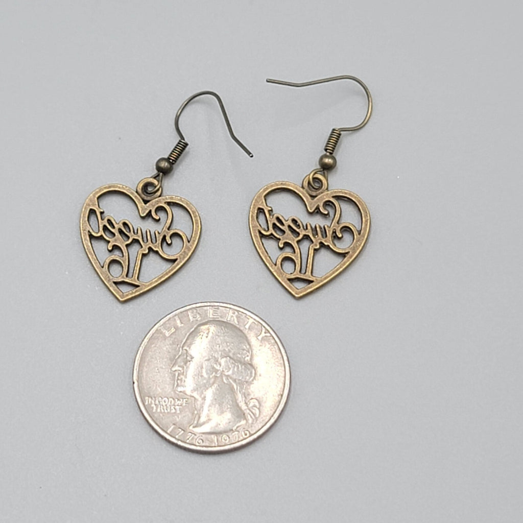 Sweet 16 Heart Pierced Earrings New Bronze tone Dangle 7/8"