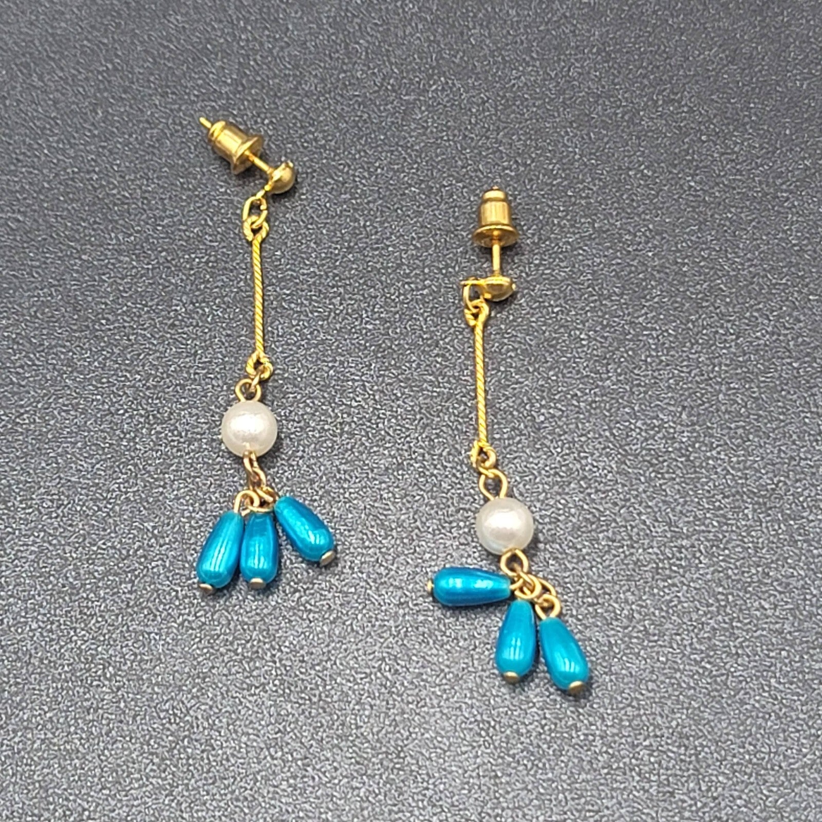 Pierced Earrings Gold Plated Bright Blue Beads Faux Pearl Dangle 2.25"