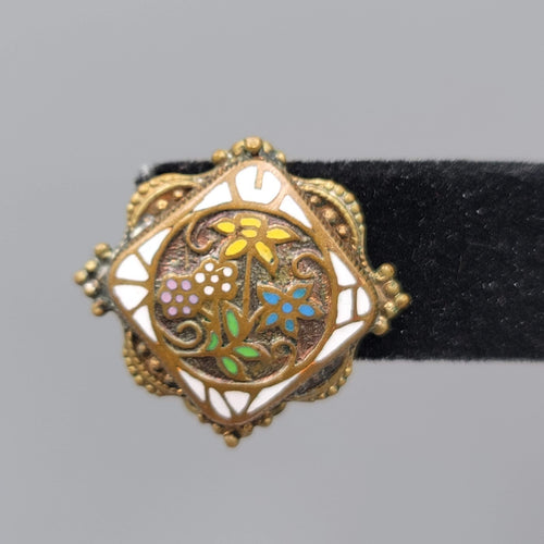 Antique Vintage Flower Enamel Clip on Earrings Brass Gold tone Square 7/8"