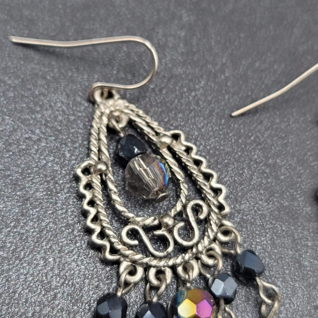Pierced Earrings Silver tone Black AB Glass Beads Chandelier 3"