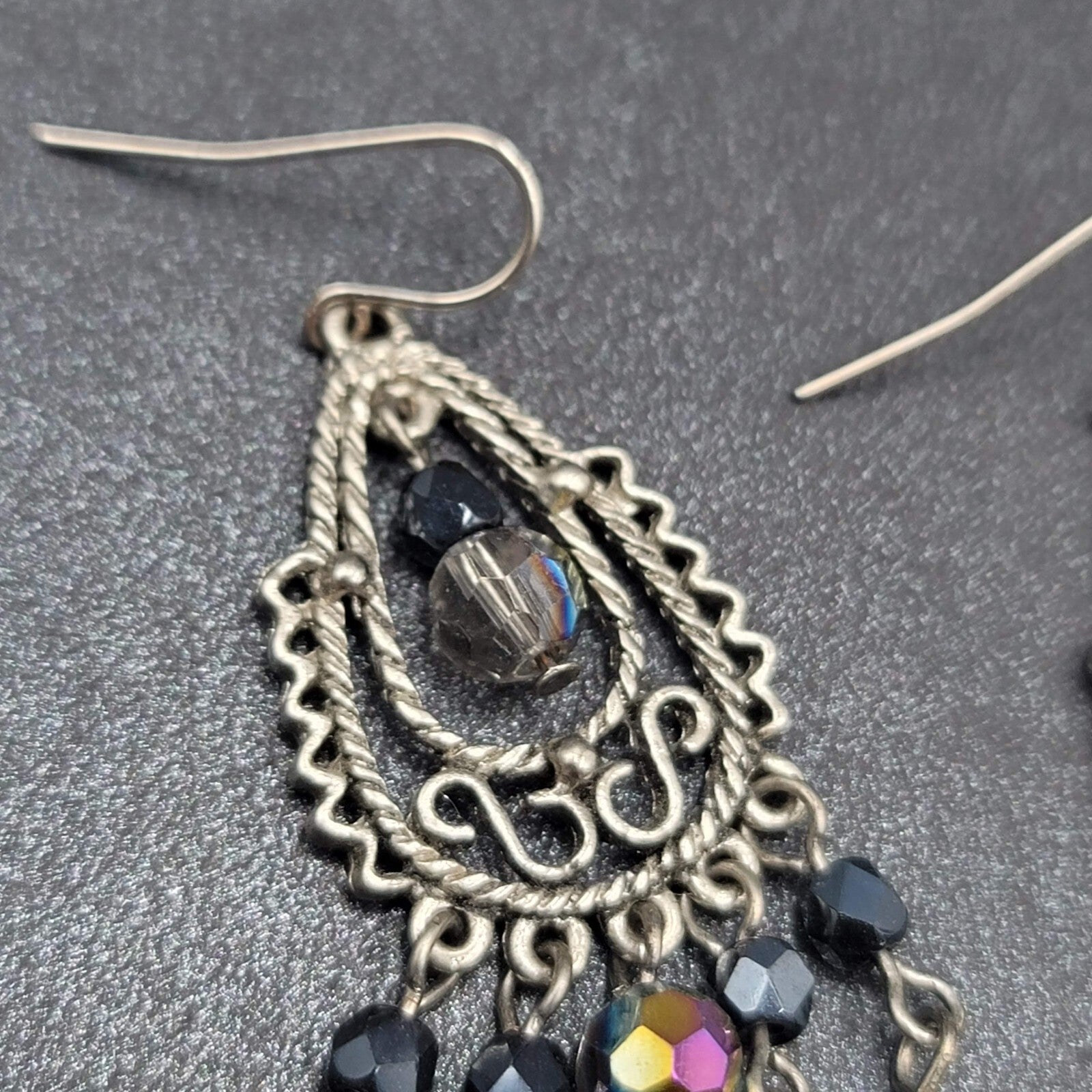 Pierced Earrings Silver tone Black AB Glass Beads Chandelier 3"