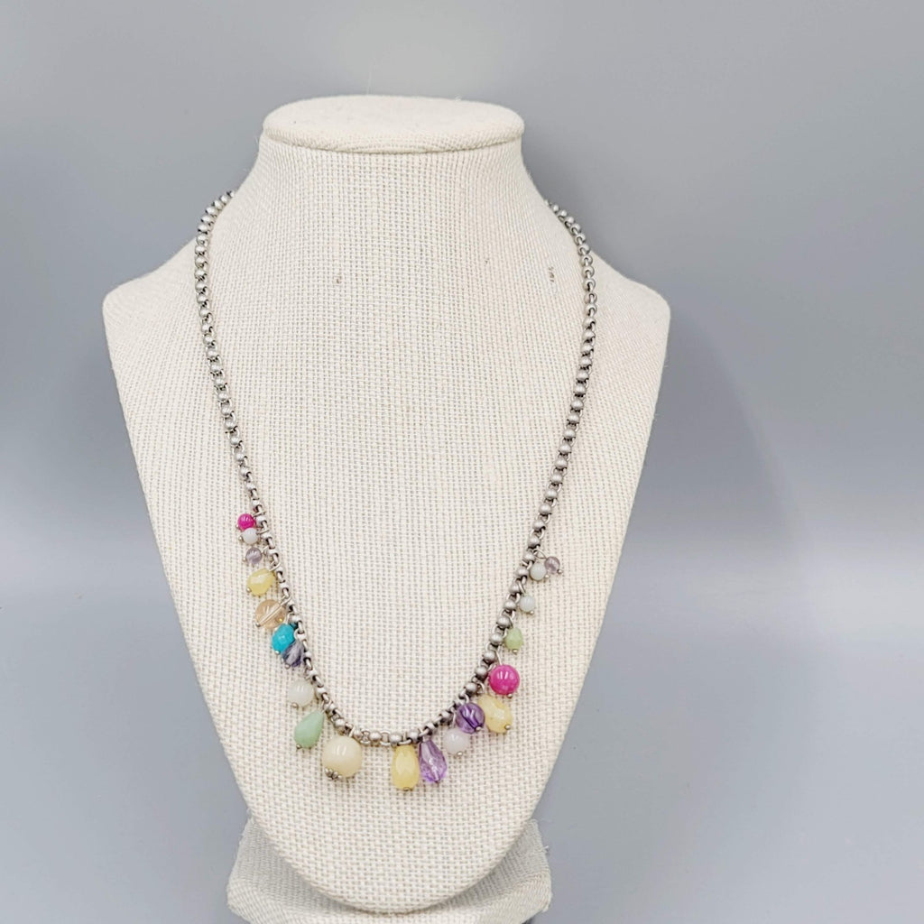 Fossil Brand Necklace Silver tone Pastel Multicolor Glass Beads 20"-22"