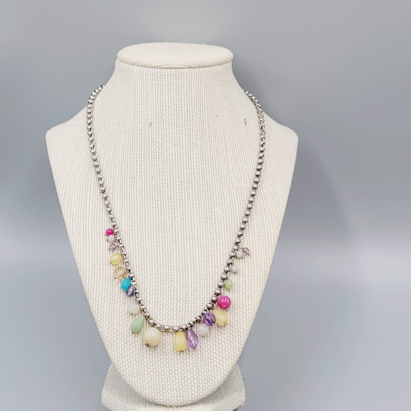 Fossil Brand Necklace Silver tone Pastel Multicolor Glass Beads 20"-22"