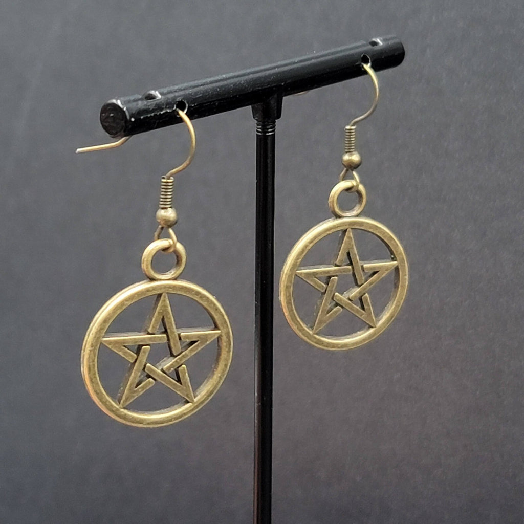 New Pentagram Pierced Earrings Pentacle Star Bronze tone Dangle 1"