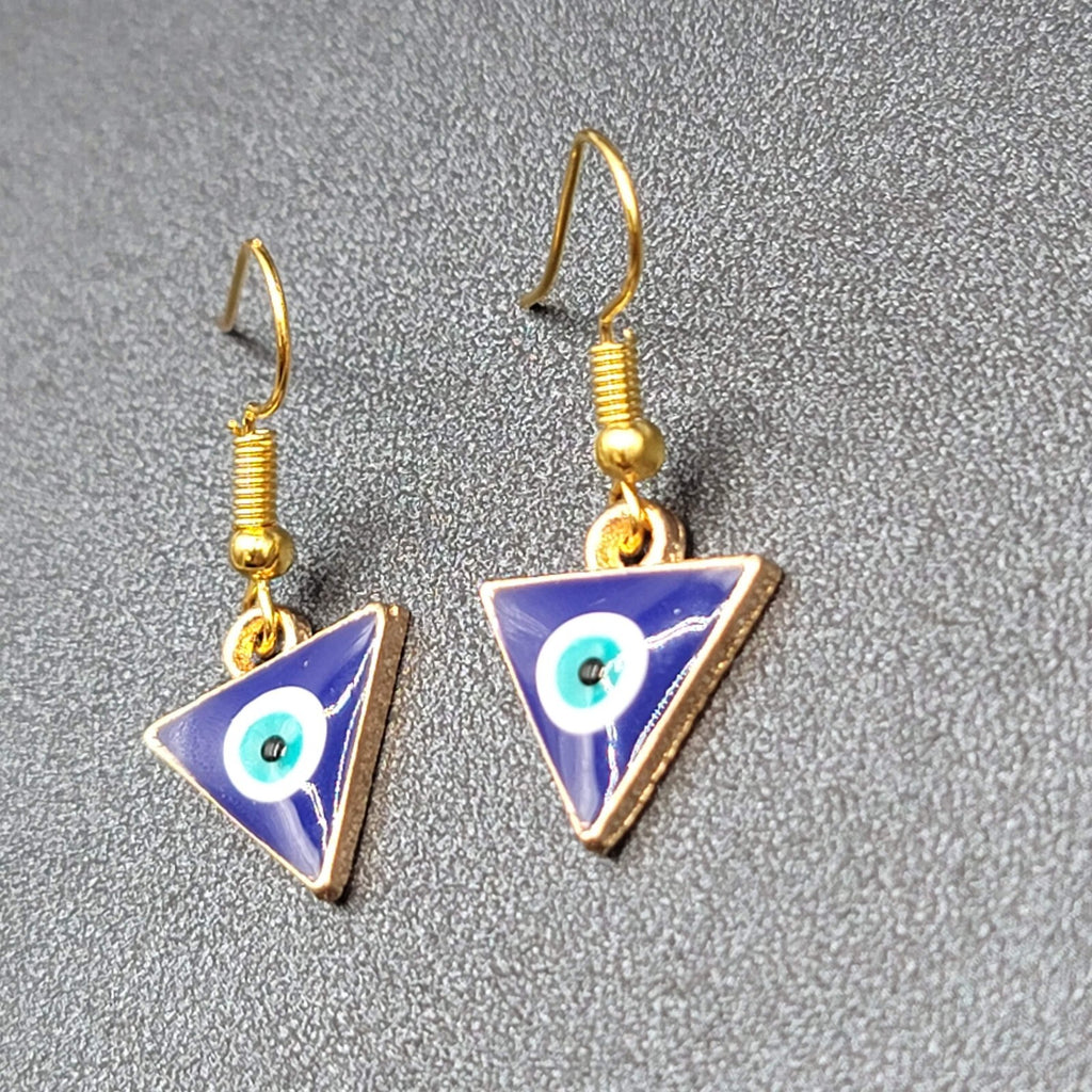 Pierced Earrings Gold tone Enamel Evil Eye Triangle Dangle 5/8"