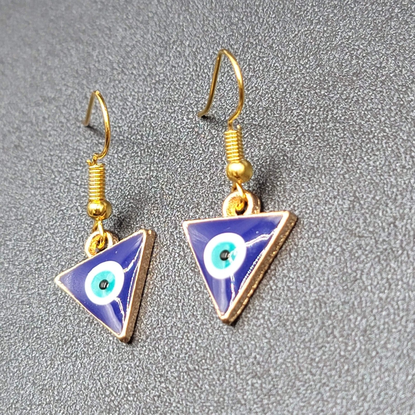 Pierced Earrings Gold tone Enamel Evil Eye Triangle Dangle 5/8"