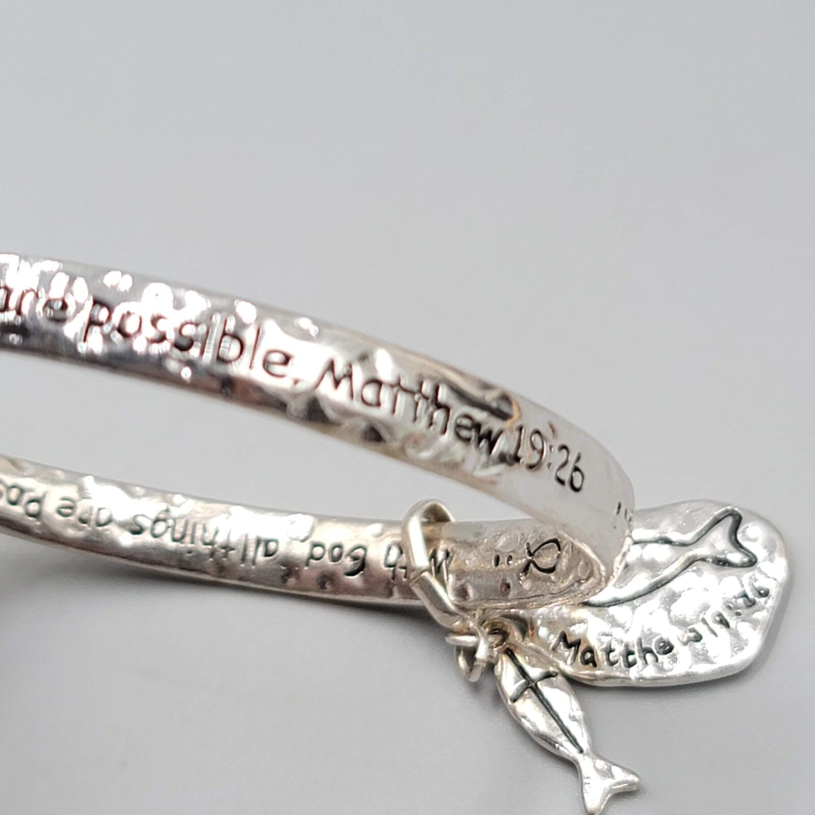 Matthew 19 Scripture Bangle Charm Bracelet Silver tone Fish Charm