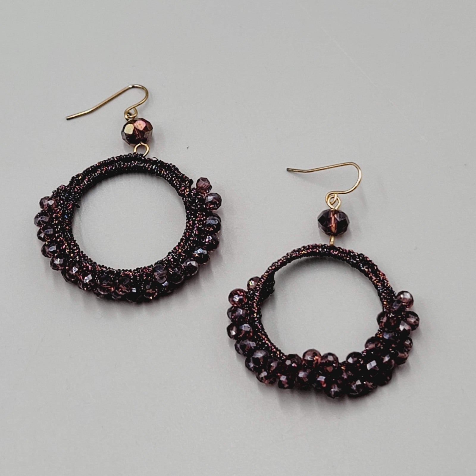 Purple Crystal Bead Pierced Earrings Thread Covered Open Hoop 1.75"