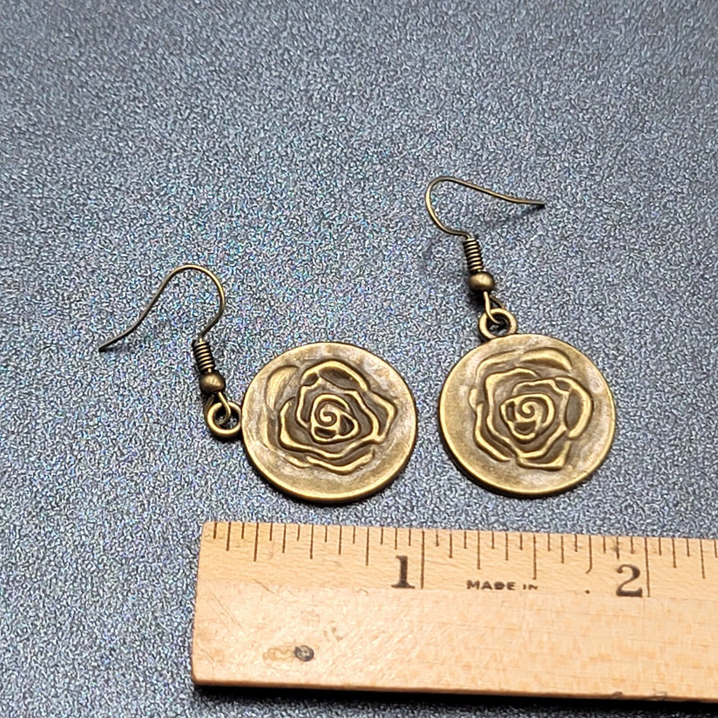 New Embossed Rose Flower Hat Pierced Earrings Bronze tone Round Dangle 1"