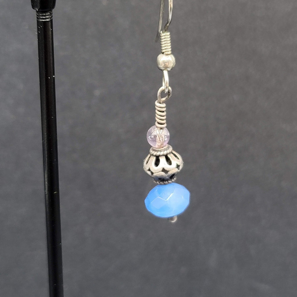 Pierced Earrings Silver tone Blue Glass Faceted Bead Dangle 1"