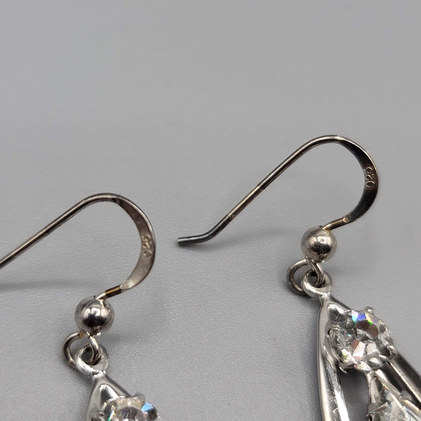 Dangle Crystal Pierced Earrings Silver tone Teardrop Sterling Hooks 1 1/8"