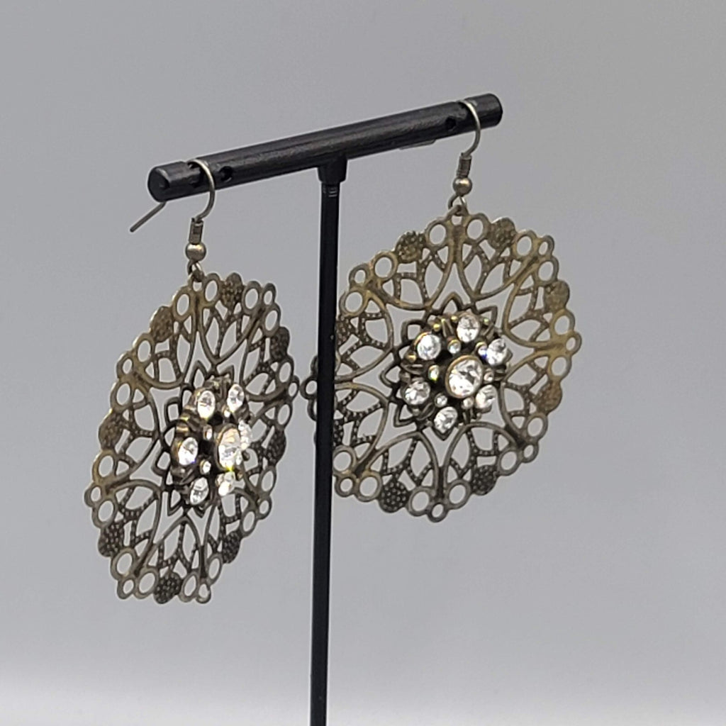 Pierced Earrings Bronze tone Large Metal Filigree Rhinestone Center Boho 1.75"