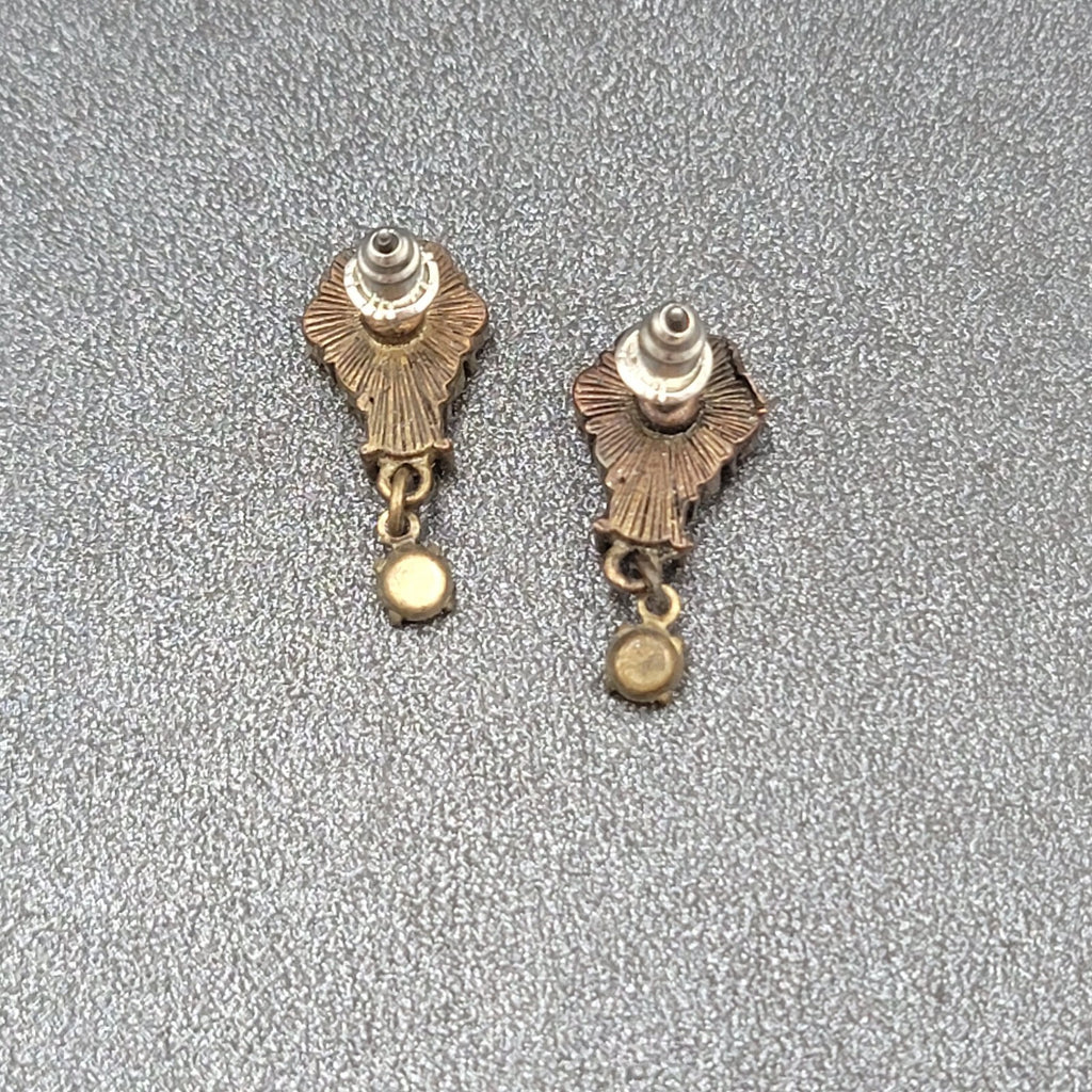 Flower Pierced Earrings Bronze tone Green Brown Crystal Dangle 3/4"