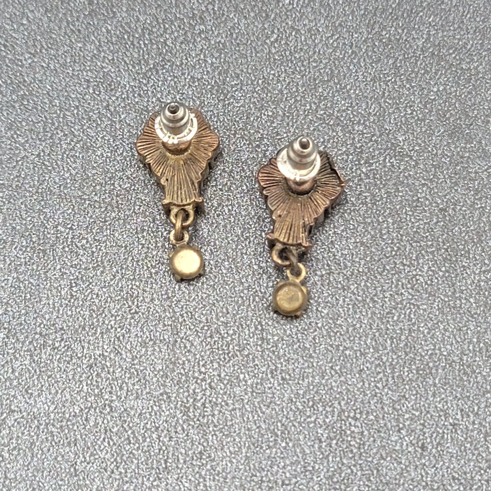 Flower Pierced Earrings Bronze tone Green Brown Crystal Dangle 3/4"