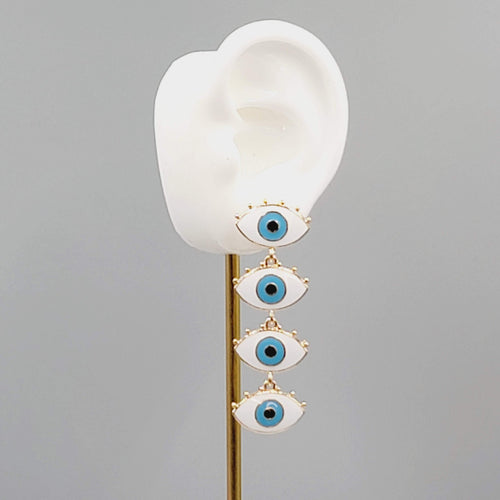 Attic Salt EYE Pierced Earrings Blue Eyes Dangle Gold tone NWT 2.25"