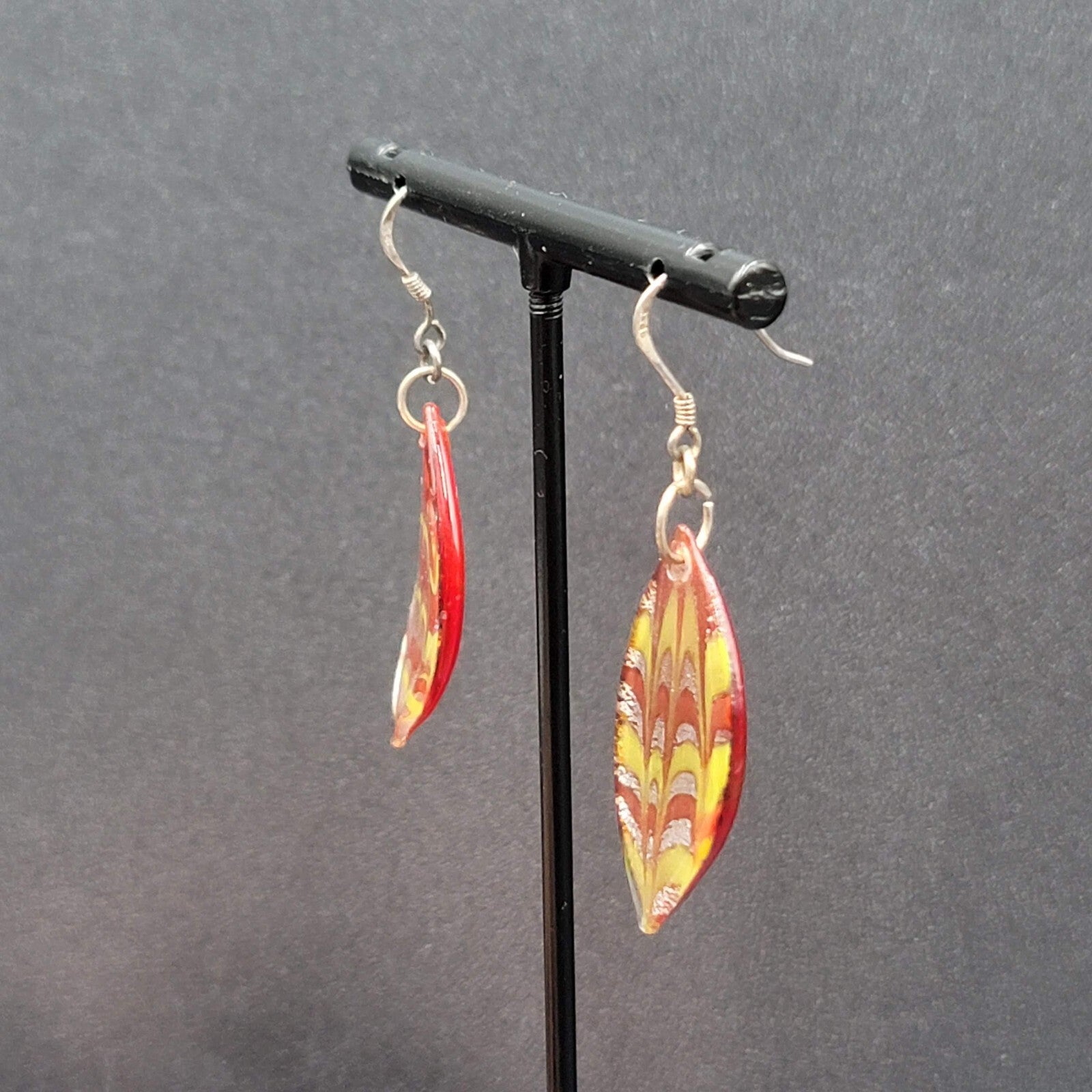 Sterling Silver Pierced Earrings Dichroic Red Glass Dangle 1.25"