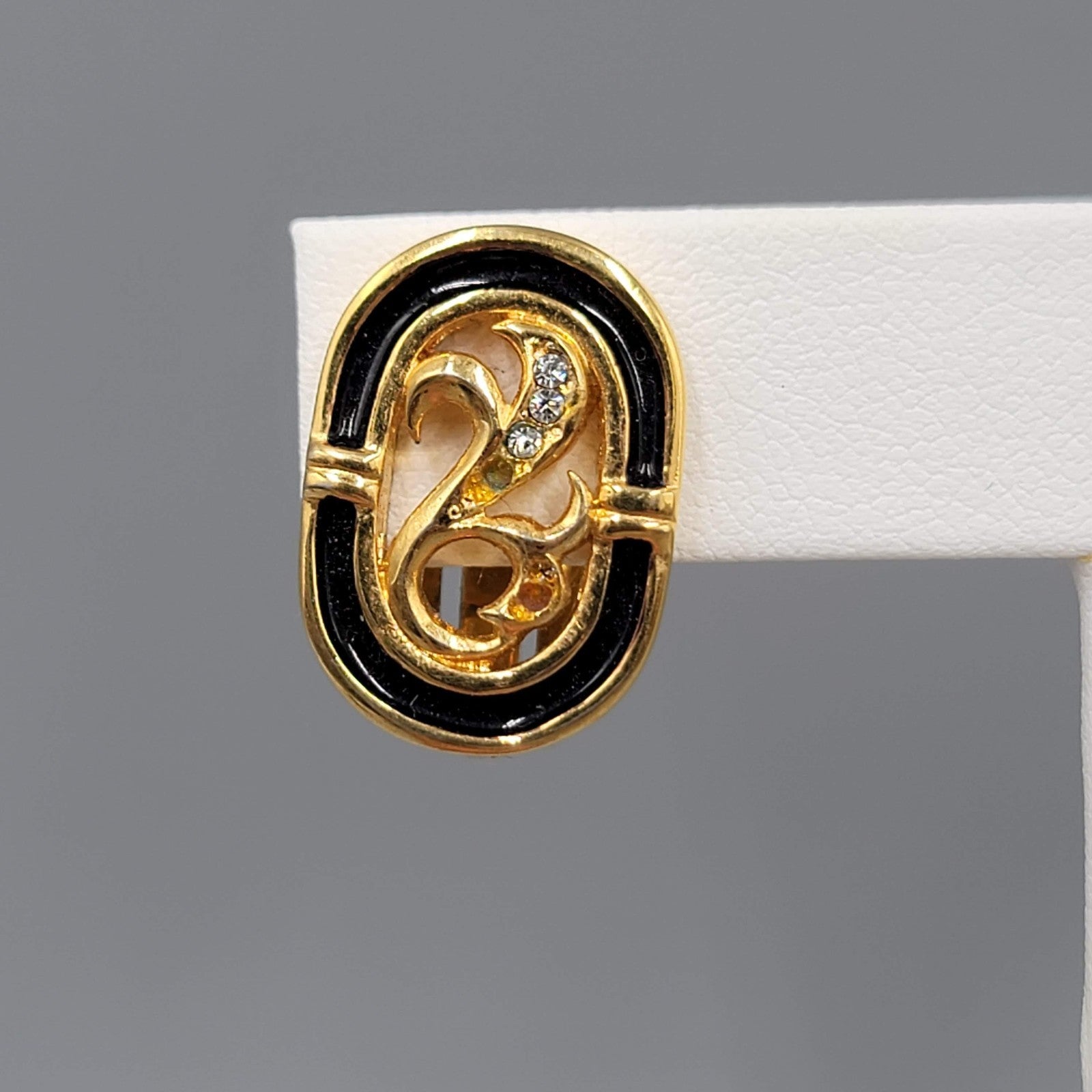 Vintage Clip on Earrings Gold tone Oval Black Enamel Open Work Rhinestones 3/4"