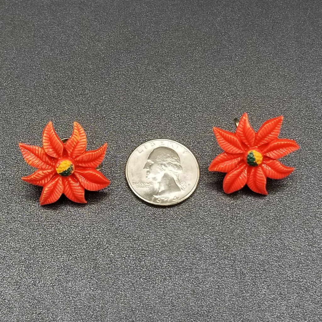 Vintage Clip On Red Acrylic Poinsettia Christmas Stud 1 1/8"