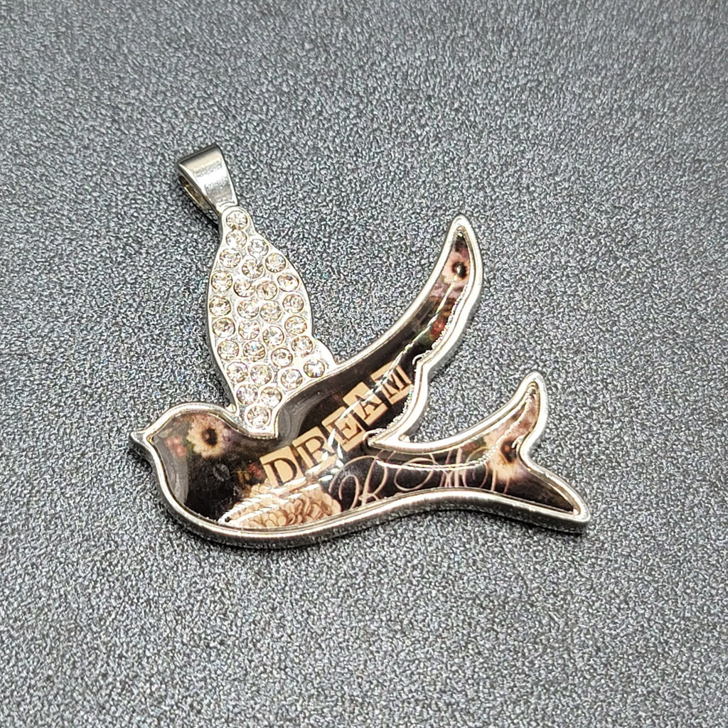 Sally Jean Alexander Pendant Only Dream Bird Collage Silver tone Rhinestone 2"