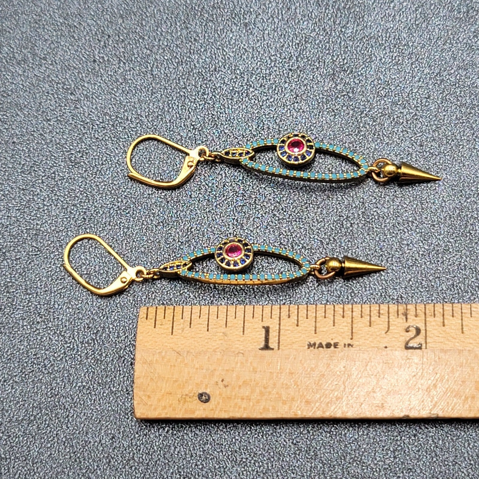 Pierced Earrings Gold tone Blue Pink Crystals Evil Eye Dangle 1 5/8"