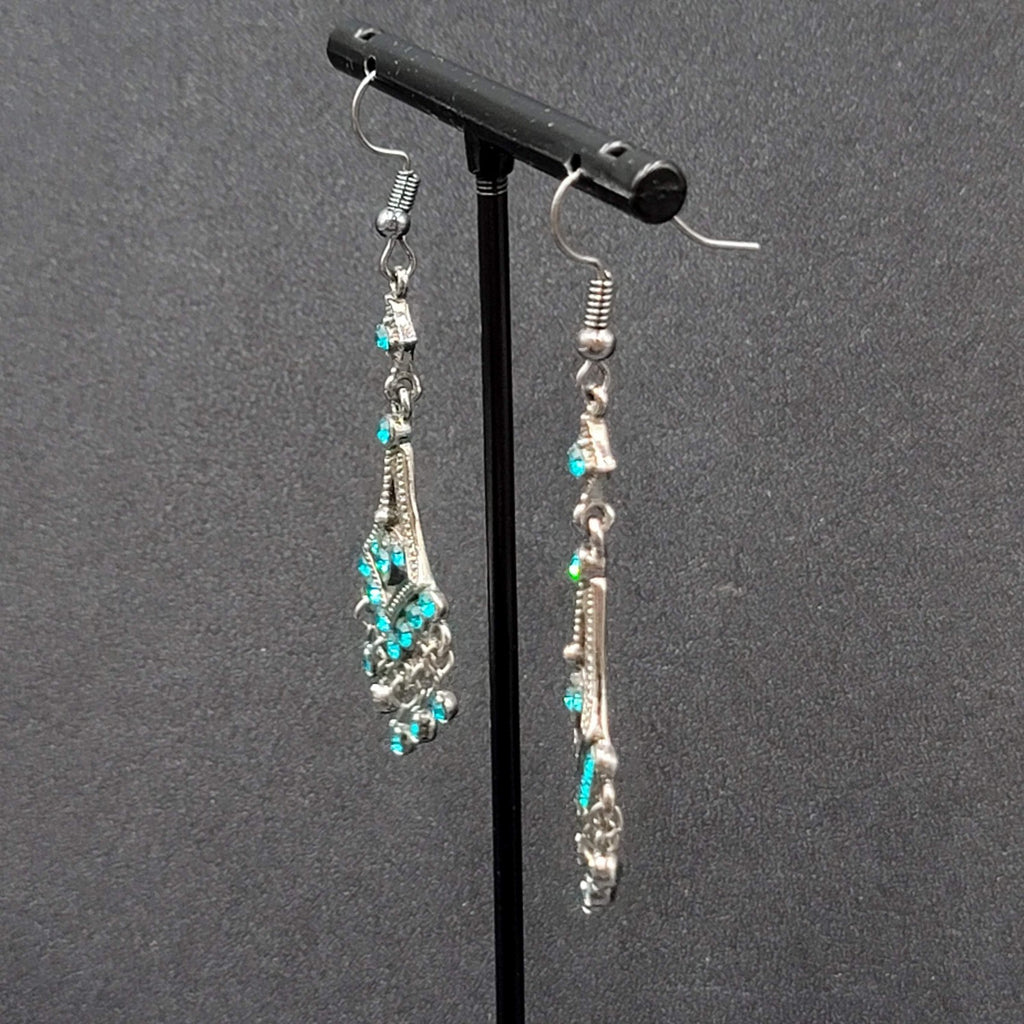 Pierced Earrings Black Metal Bright Blue Rhinestone Dangle Chandelier 1.75"