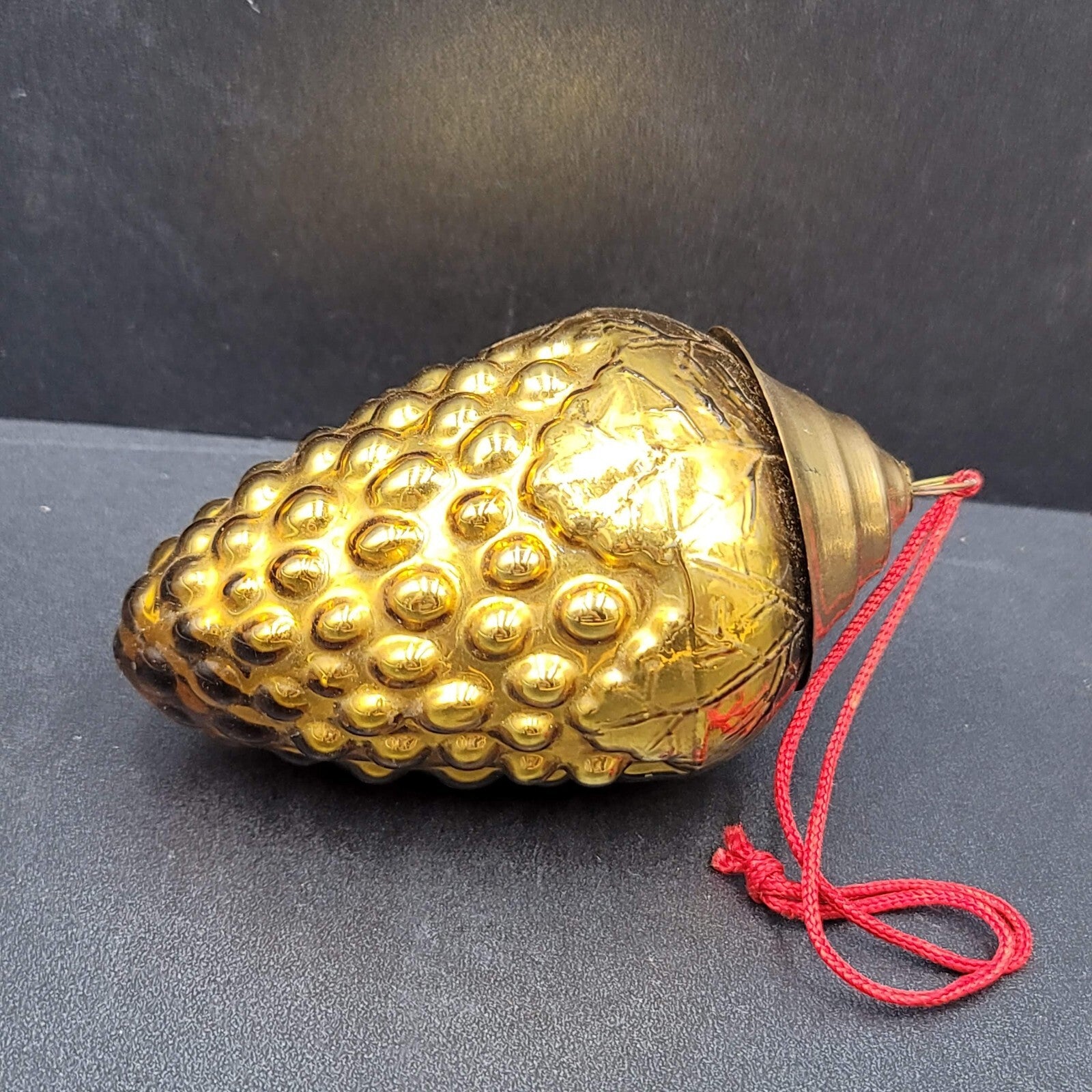 Vintage Blown Glass Grapes Brass Top Christmas Ornament Gold Color 5"