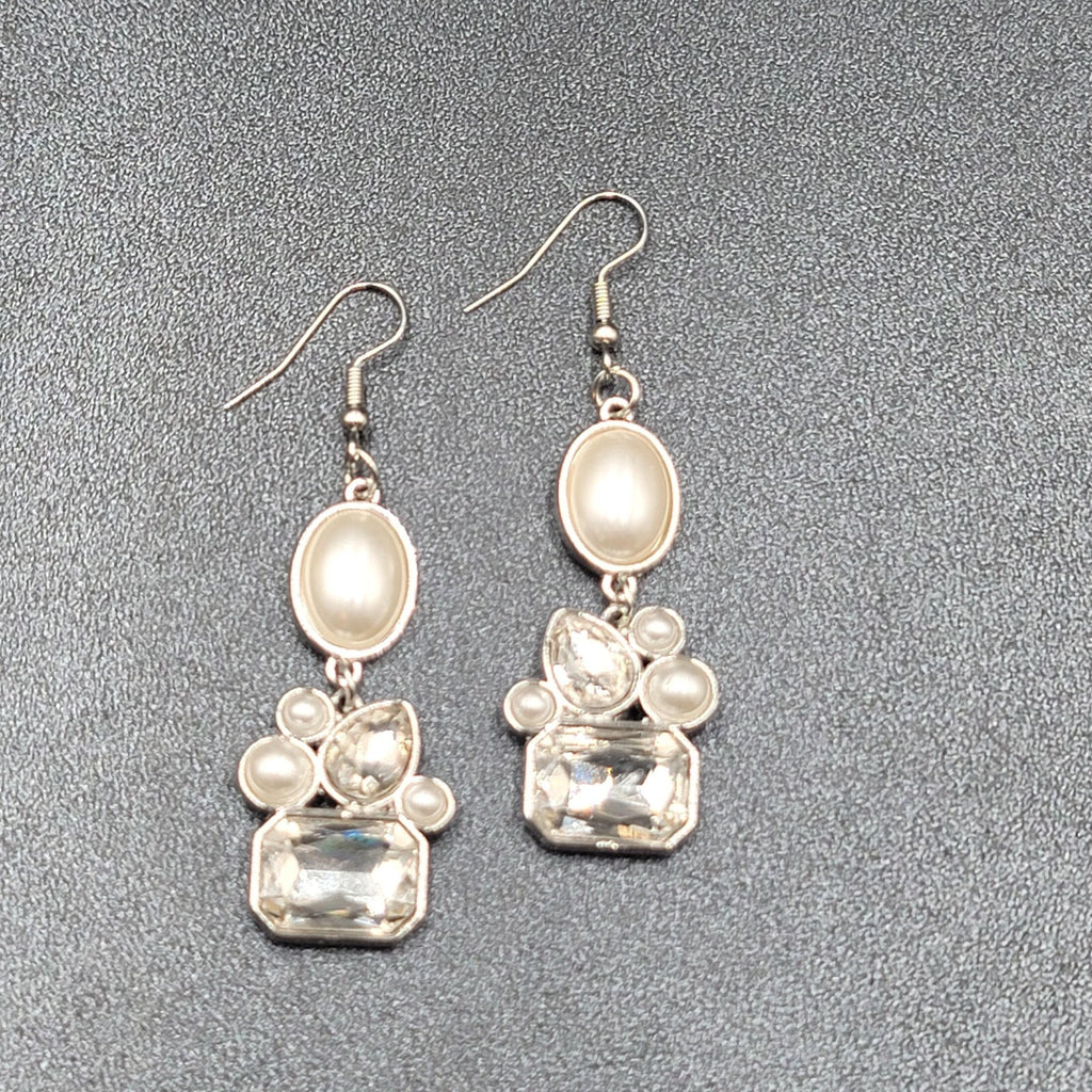 Pierced Earrings Silver Plated Faux Pearl Glass Accents Dangle 1.75"