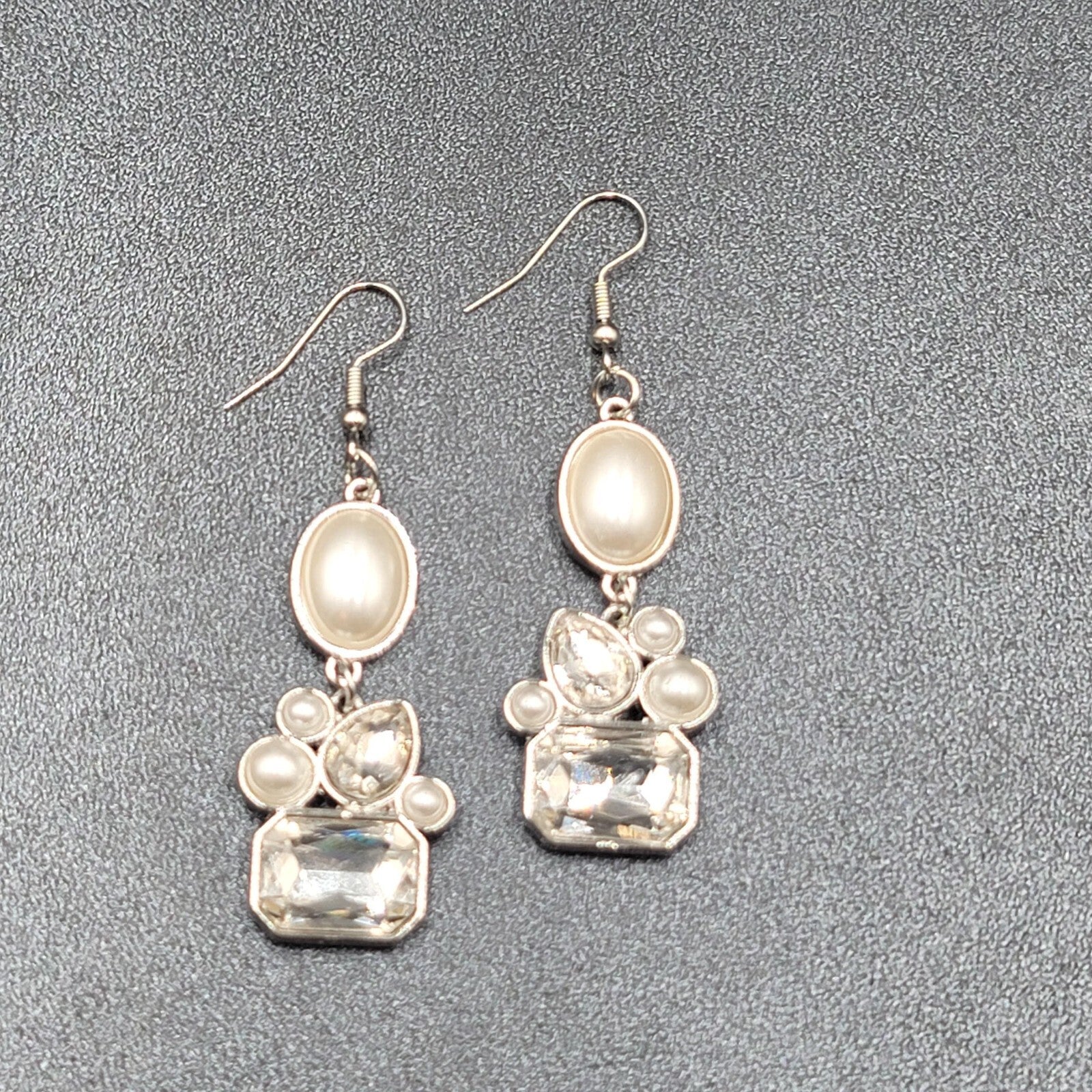Pierced Earrings Silver Plated Faux Pearl Glass Accents Dangle 1.75"