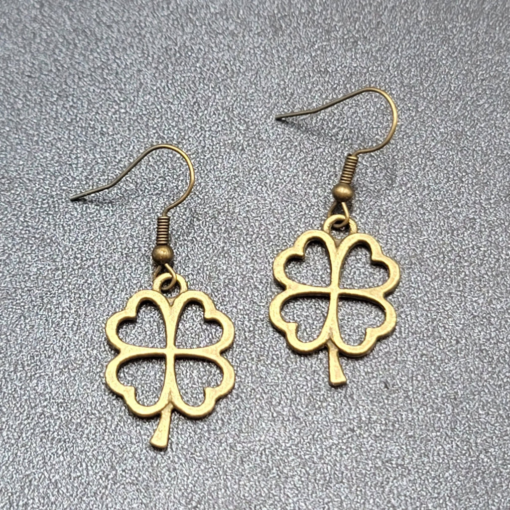 New 4 Leaf Clover Pierced Earrings Lucky Shamrock Bronze tone Dangle 1"