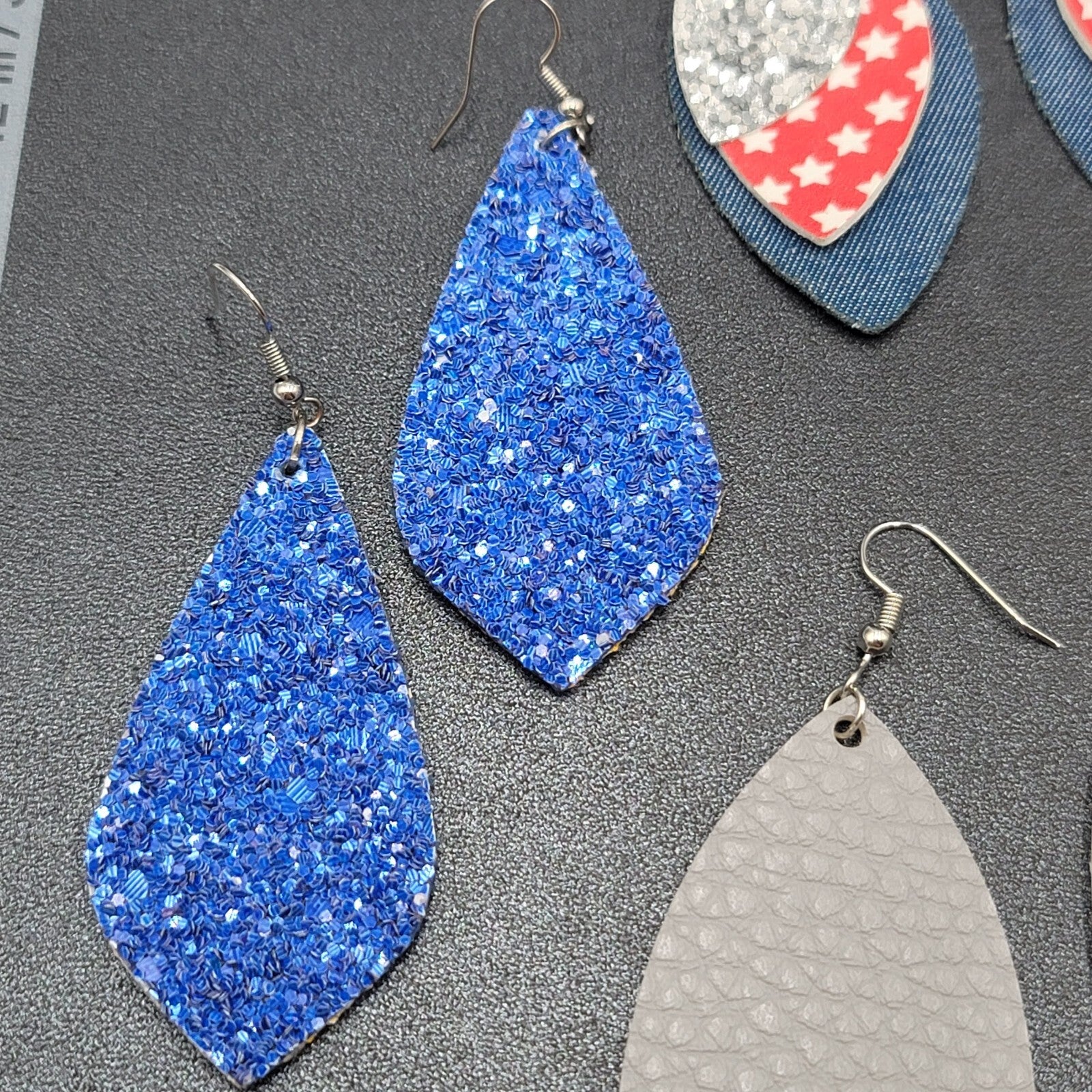 Lot of 9 Pierced Earrings Teardrop Dangle Multicolor Faux Leather Felt Denim