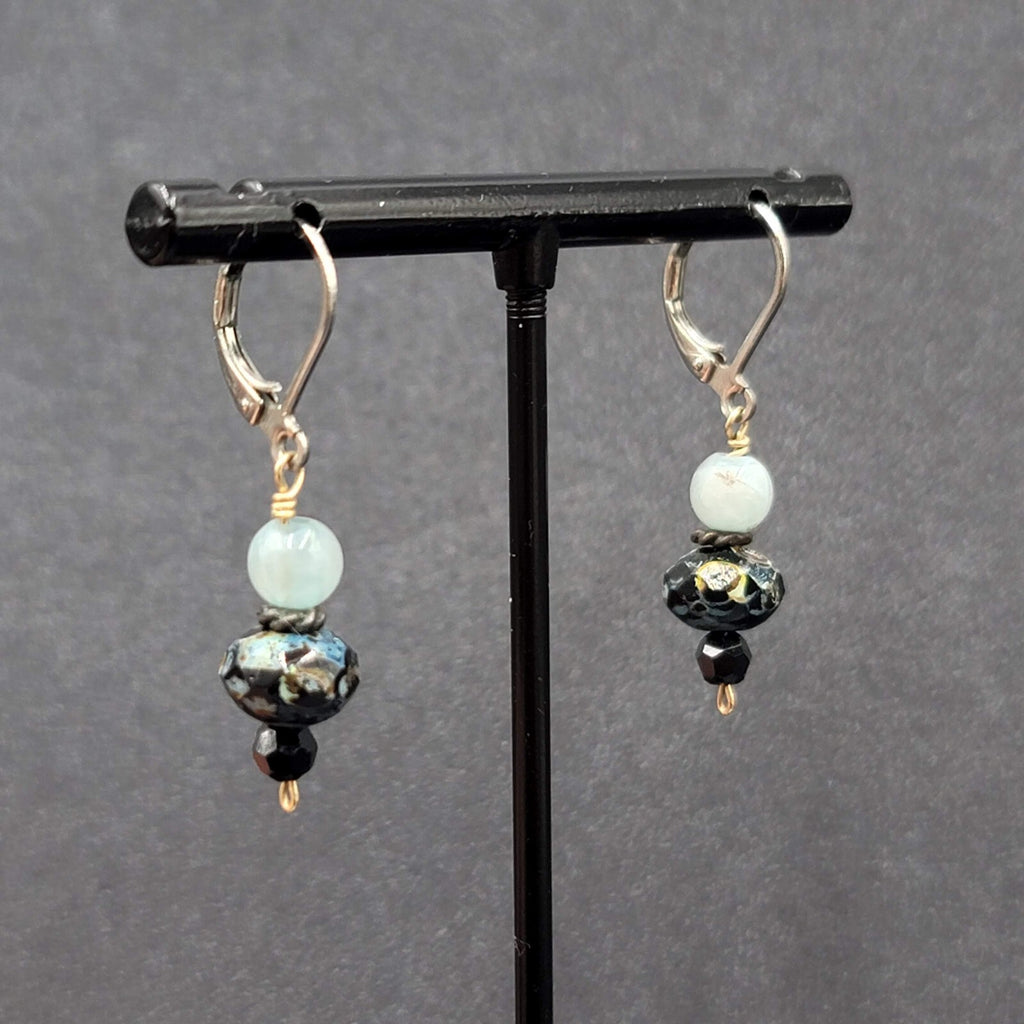 Pierced Earrings Silver tone Blue Stone Bead Dangle 3/4"