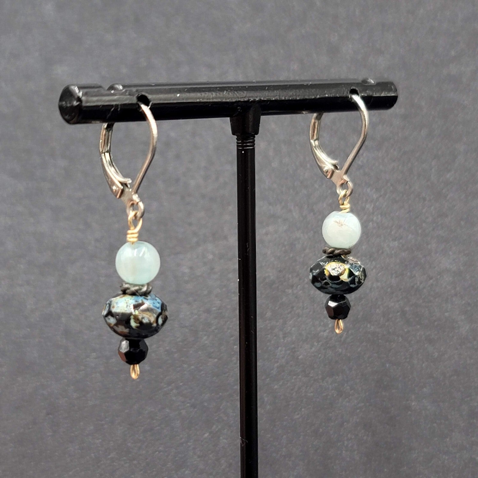 Pierced Earrings Silver tone Blue Stone Bead Dangle 3/4"