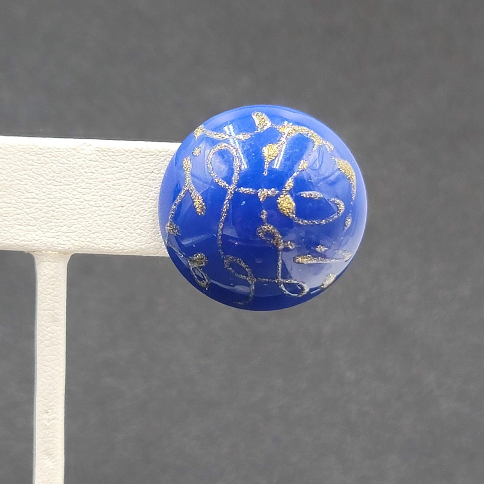 Vintage Pierced Earrings Blue Dome Studs Gold Glitter Paint 1"