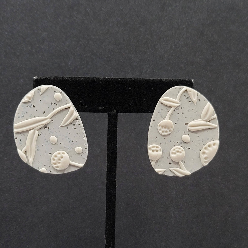 Pierced Earrings Gray White Polymer Clay Drop 1.5"